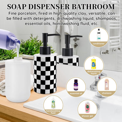 Soap Dispenser with Matte Black Pump, Ceramic Soap Dispenser Bathroom, Checkerboard Dish Soap Lotion Dispenser for Kitchen Sink