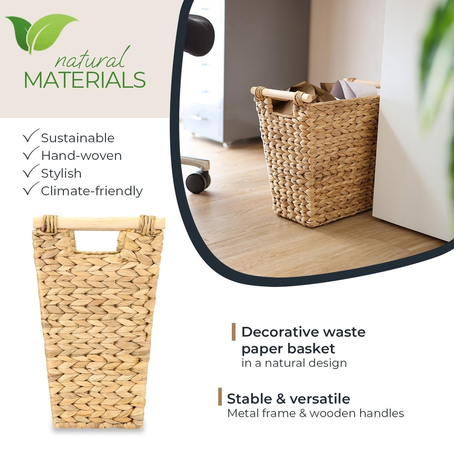 HMF Office Waste Paper Bin, Storage Basket with Wooden Handles, Braided from Water Hyacinth, Trapezoid, 36 x 19 x 33 cm