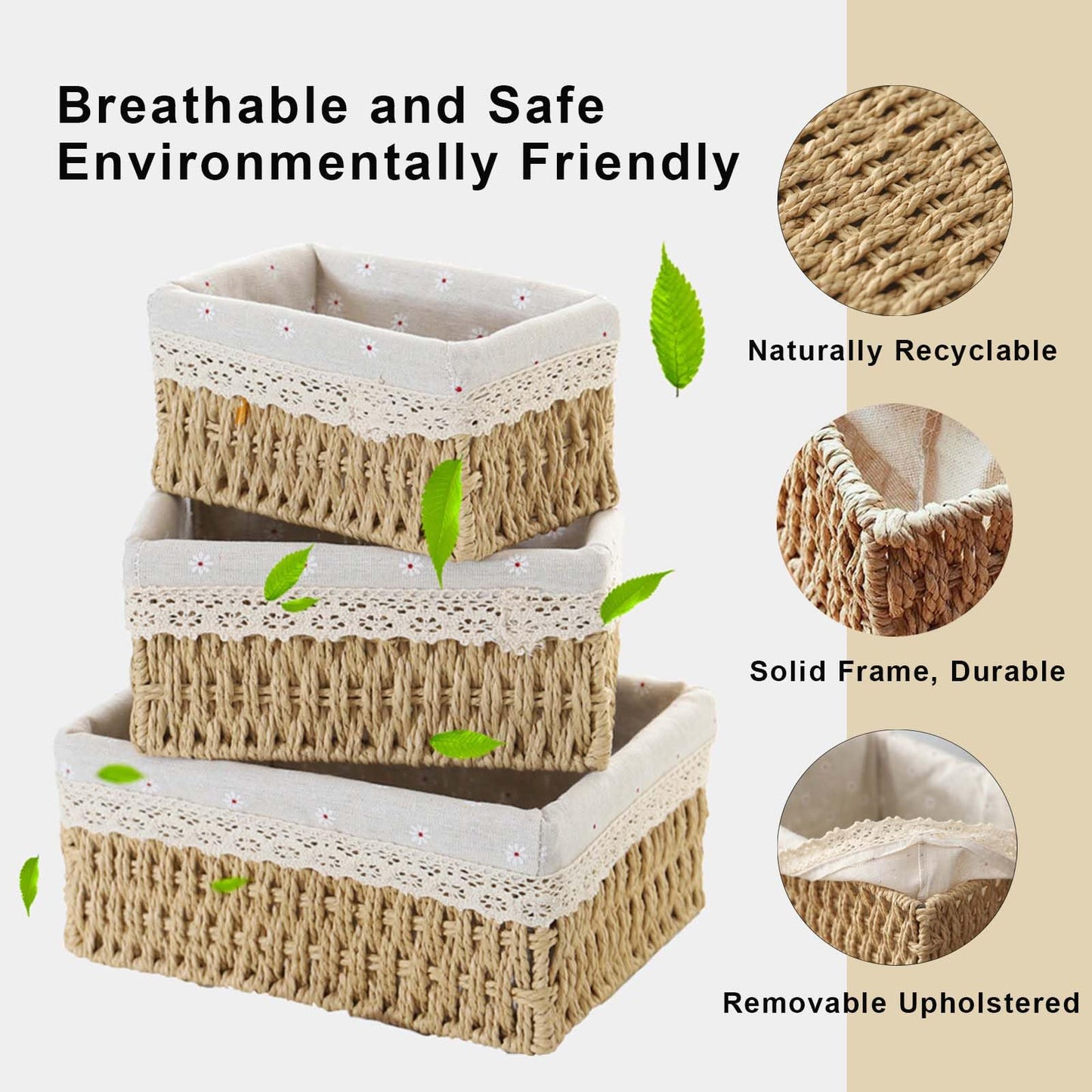 PALUDO Set of 3 Storage Baskets, 3 Sizes Wicker Bathroom Basket, Small Natural Paper Rope Changing Basket, Woven Hamper Baskets for Shelves