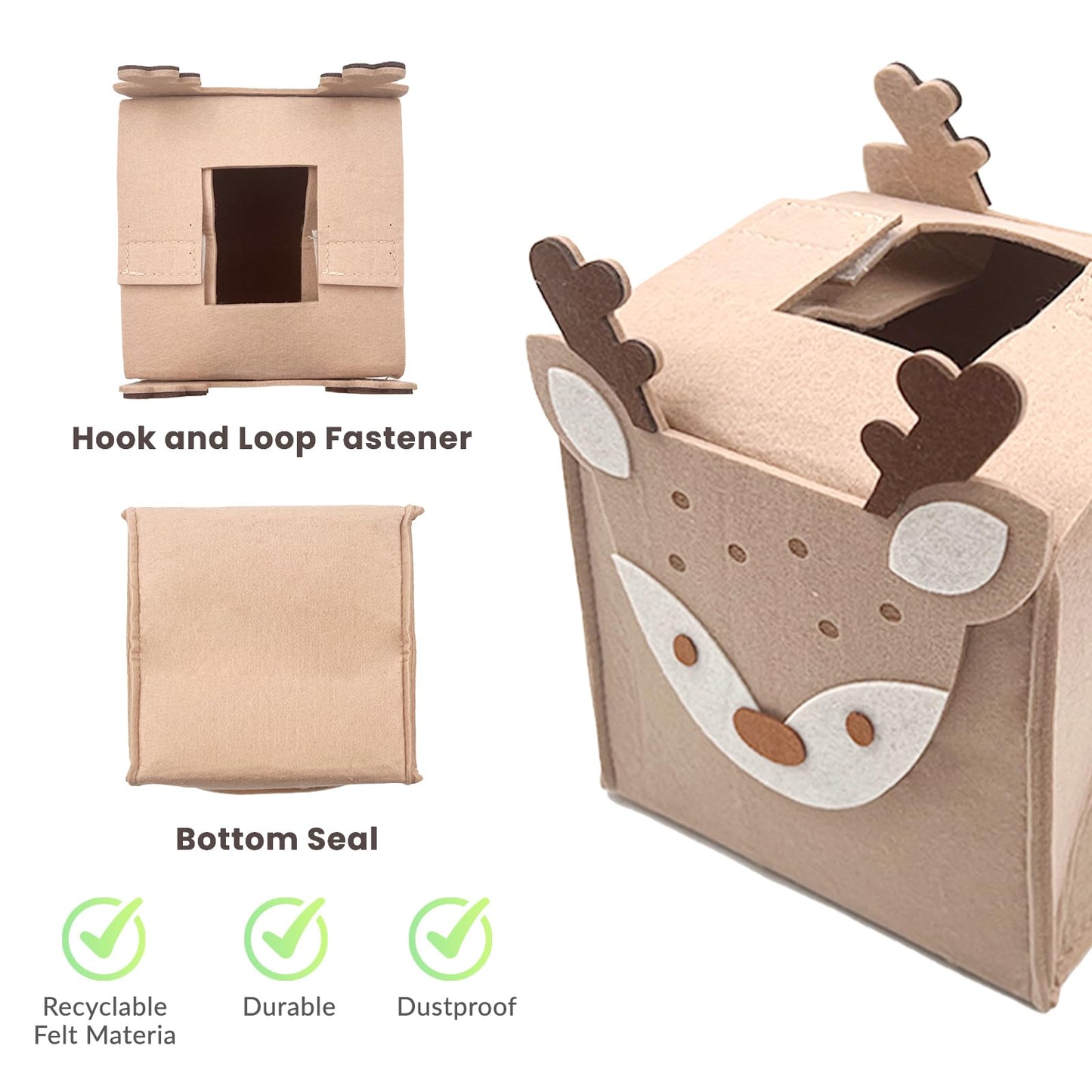 Daily Treasures Cute Deer Square Tissue Box Cover,Refillable Felt Tissue Box Holder with Hook And Loop Fasteners,Unique Tissue Storage Organizer
