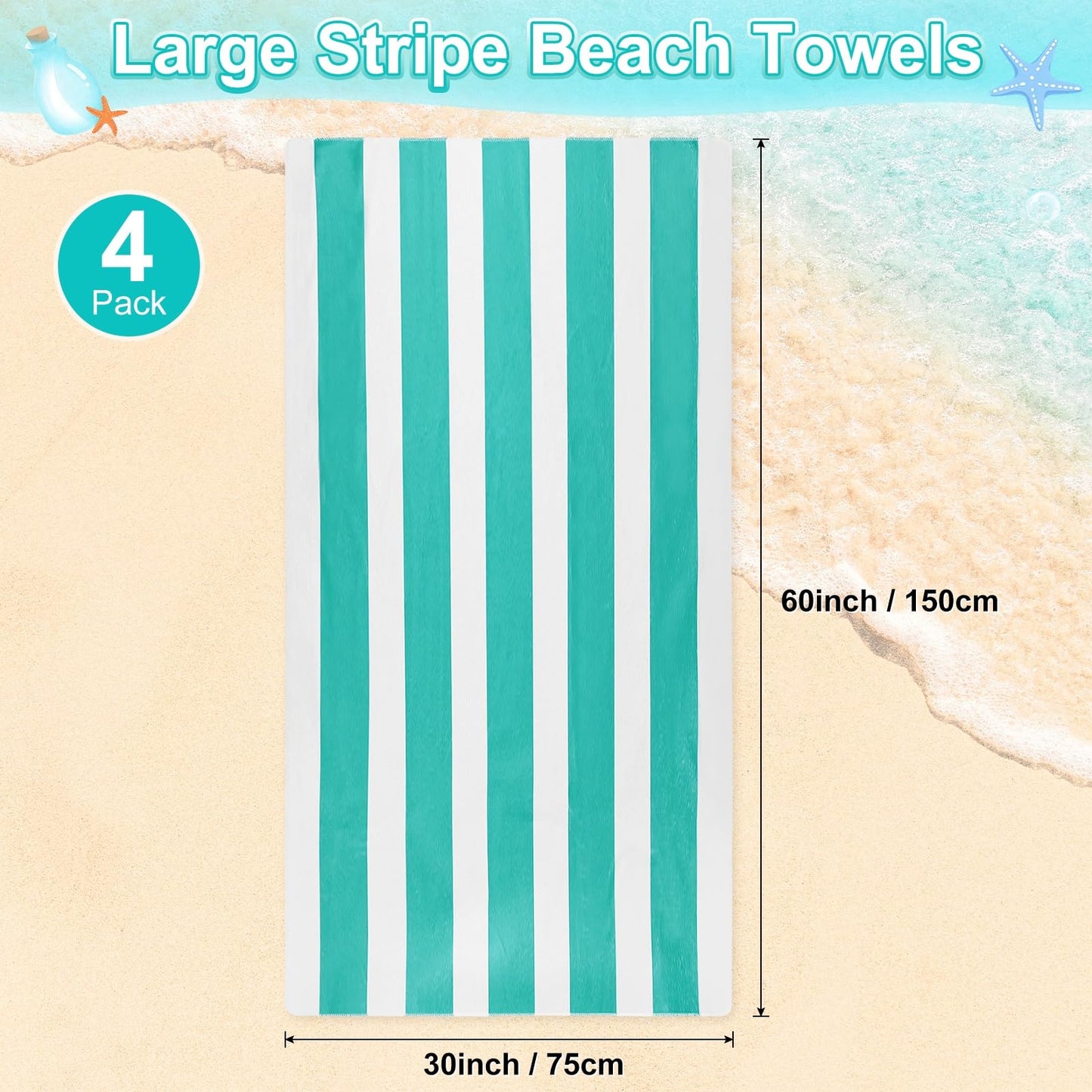 M METERXITY 4-Pack Large Stripe Beach Towels 30x60in Turquoise