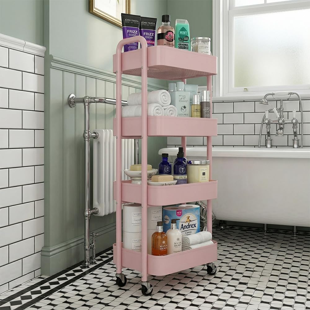 4-Tier Storage Rolling Cart Trolley Metal Mobile Shelving Organiser with 360° Swivel Wheels for Kitchen, Bedroom
