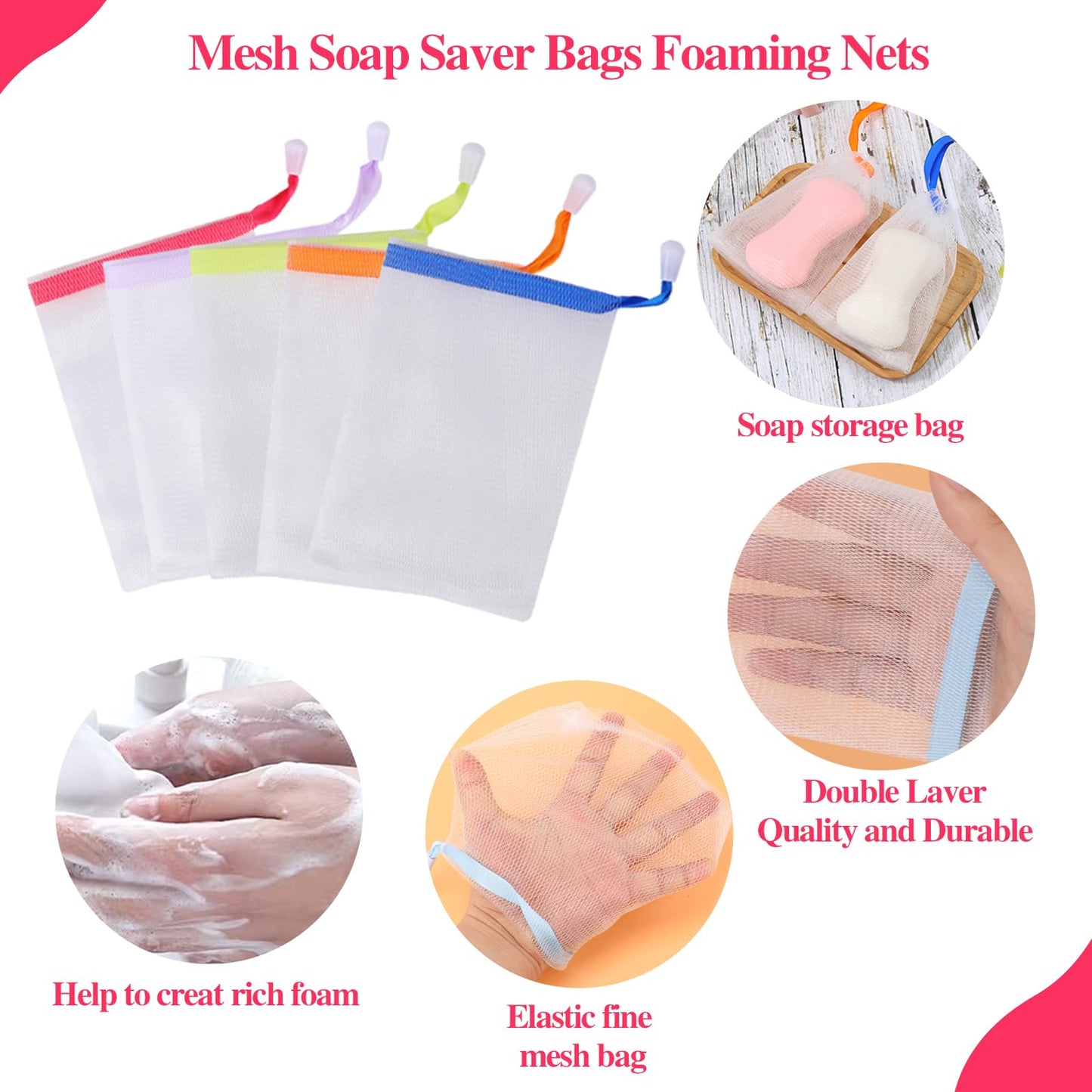 10 PCS Mesh Soap Saver Pouch Double-Layer Soap Saver Bag with Drawstring Mesh Soap Bag Bath Facial Cleanser Foaming Net Exfoliating Mesh Soap Bag for