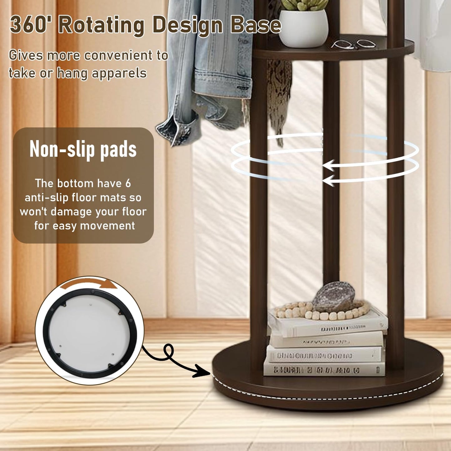 Simcat Freestanding Wooden Coat Rack 8 Hooks 3 Tier Storage Shelf Walnut