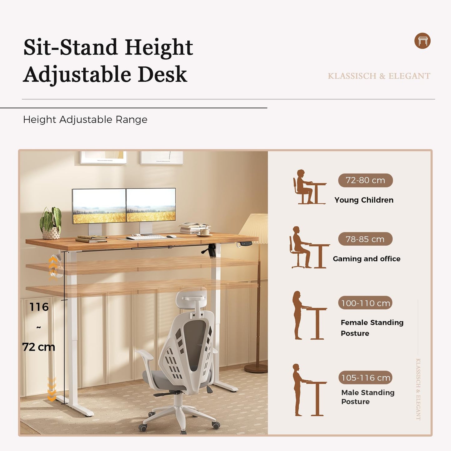 Klicelor Electric Standing Desk, 2 Memory Buttons for stand & sit, 120x60