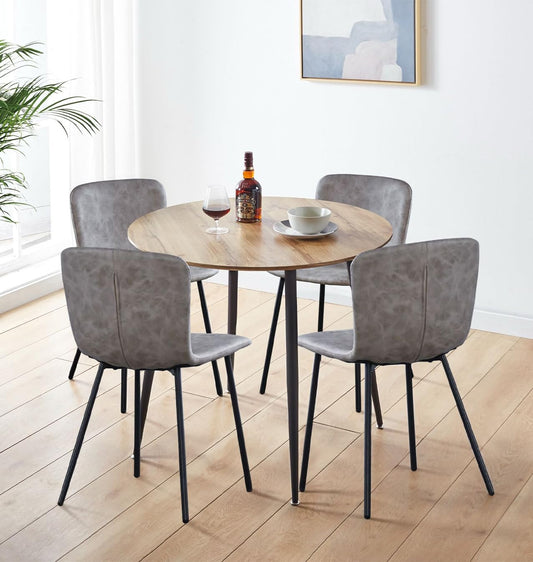 Hallowood Furniture Cullompton Small Round Dining Table and Chairs Set 4, Brown Oak Effect Top Kitchen Table and Chairs in Upholstered Taupe Faux