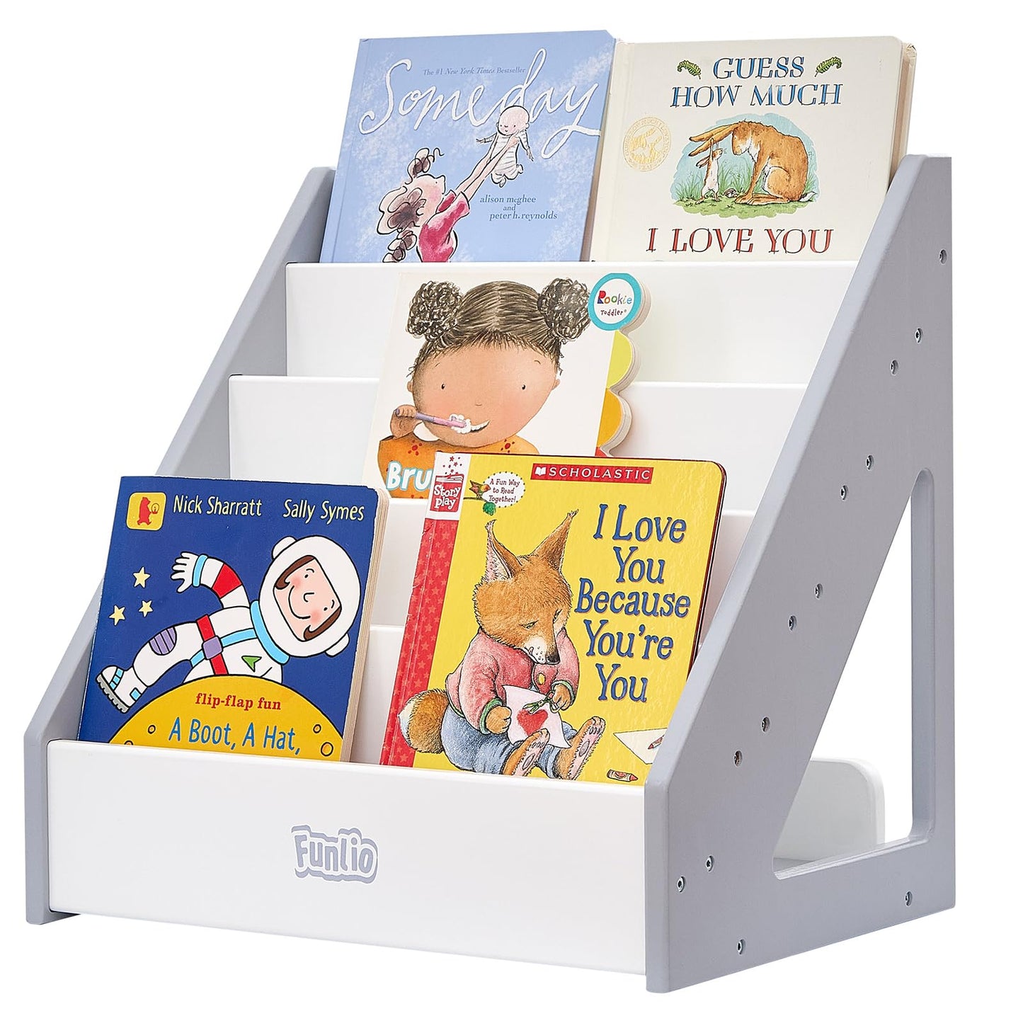 FUNLIO Montessori Bookshelf for Toddlers 1-5 Years, Front-Facing Kids Bookshelf with Handle & Anti-Tilting Device, Premium Pine Baby Bookshelf