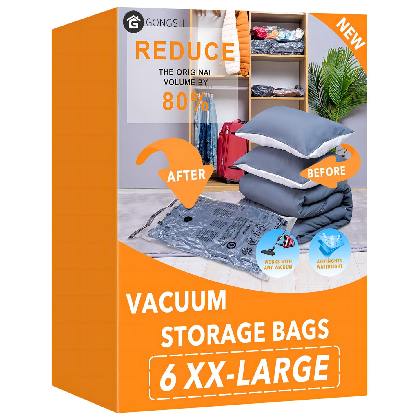 6 XX Large Vacuum Storage Bags, Space Saver Sealer Compression Bags for Blankets, Comforters, Pillows, Clothes Storage