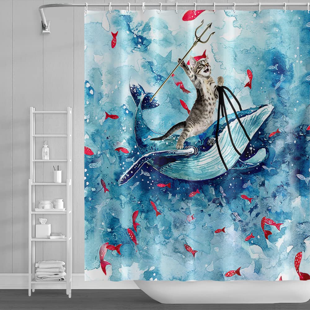 SDOTPMT 122x183cm Funny Cat Shower Curtain Cute Cat Riding Whale Ocean Wave Bath Curtain Cartoon Red Fish Blue Bathtub Curtain for Kids Bathroom