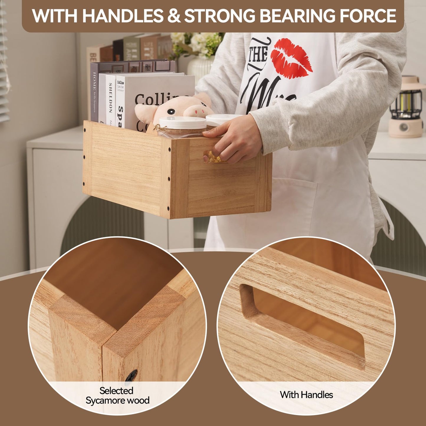 KIRIGEN Stackable Wooden Storage Cube with Handles, Natural
