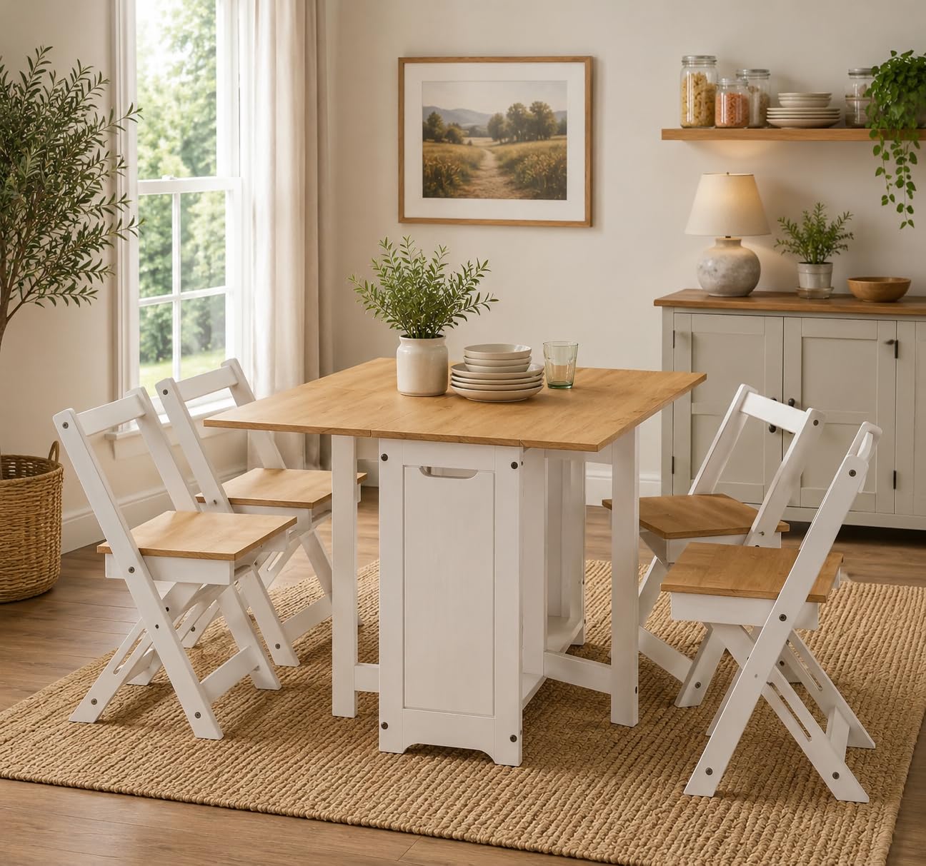 Mews Corona Butterfly Santos Dining Set White 4 Seat Folding Drop Leaf Table with Chairs Solid Mexican Pine