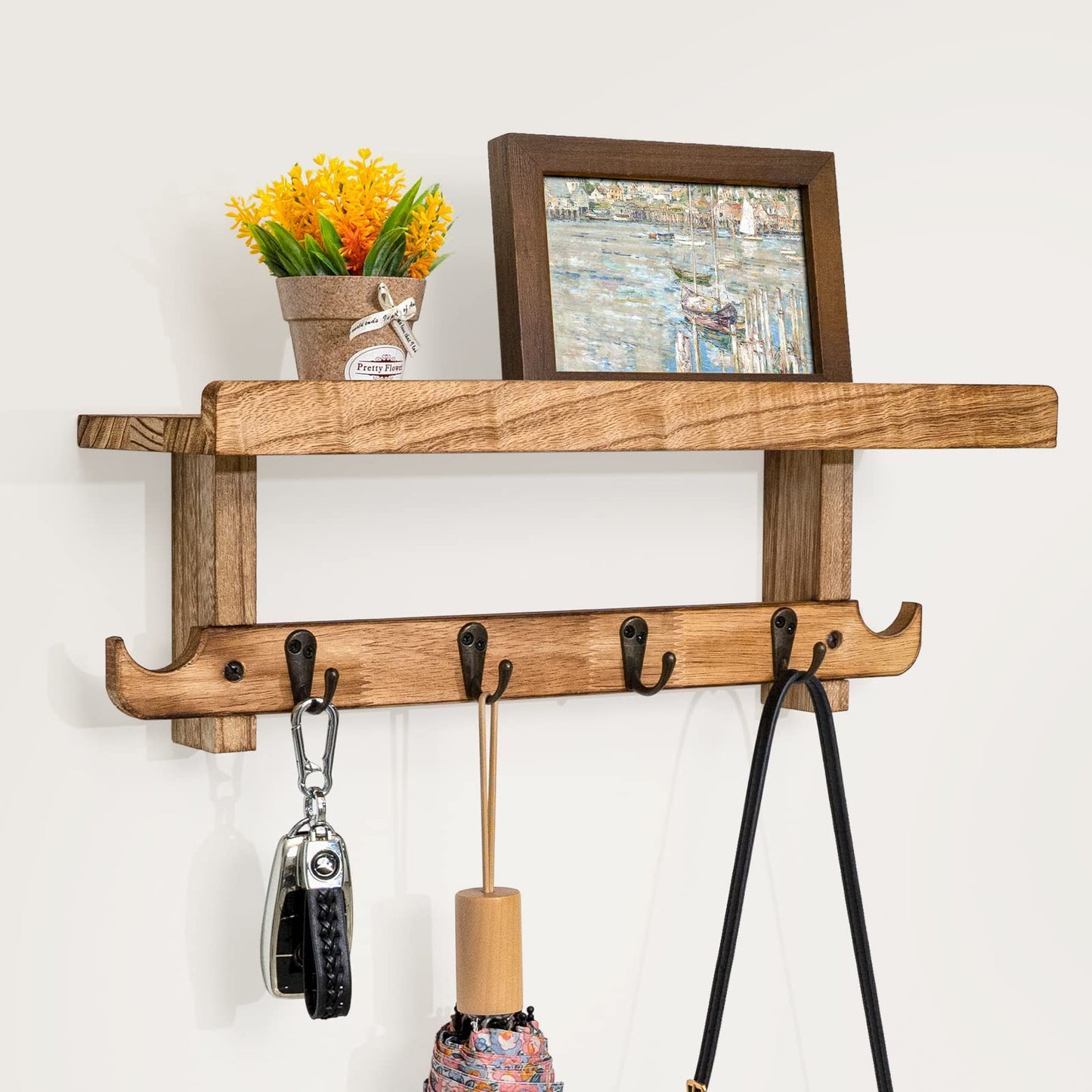 Emfogoo Coat Hooks Wall Mounted, Wood Coat Rack Wall Mount Shelf with Hooks, Farmhouse Wall Coat Rack with Shelf & Vintage Coat Hook for Entryway