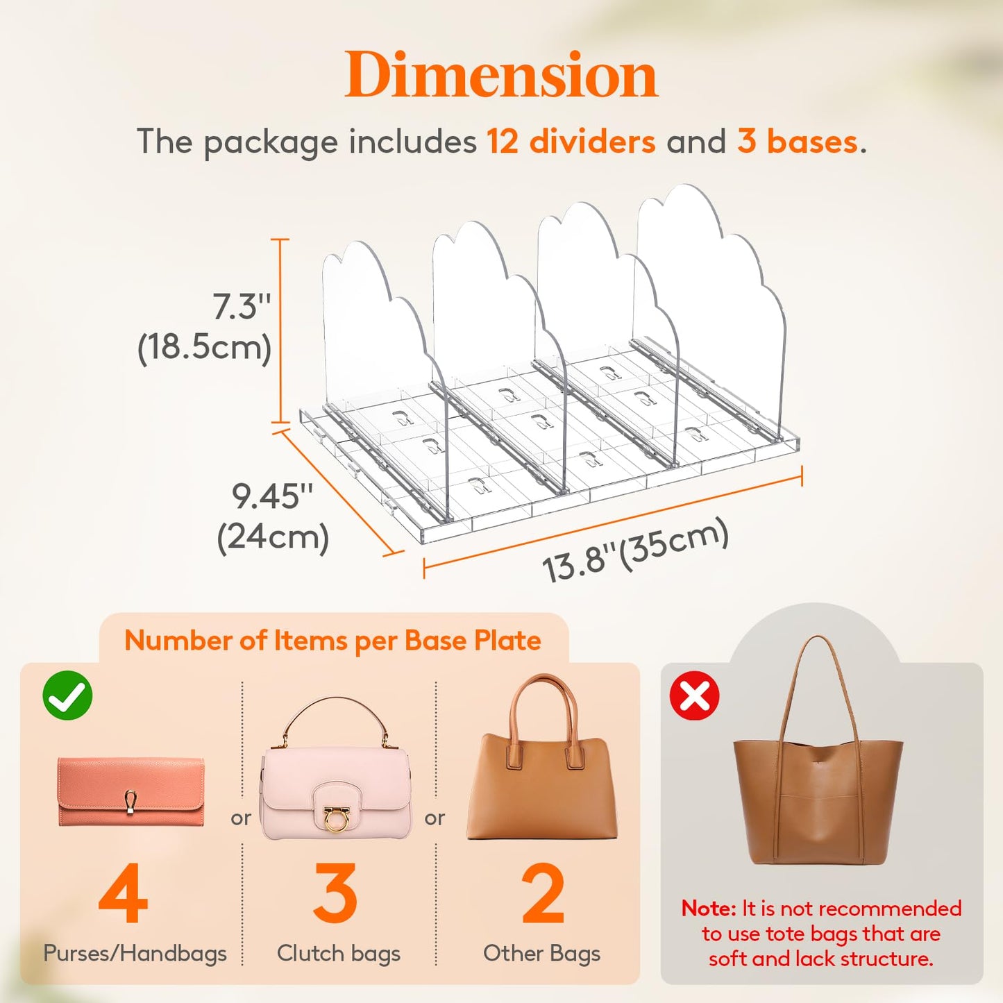 Lifewit Adjustable Handbag Organiser for Wardrobe, 18.5 cm Tall Clear Plastic Purse Organiser for Closet, 3 Pack Bag Shelf Divider in Bedroom/Closet