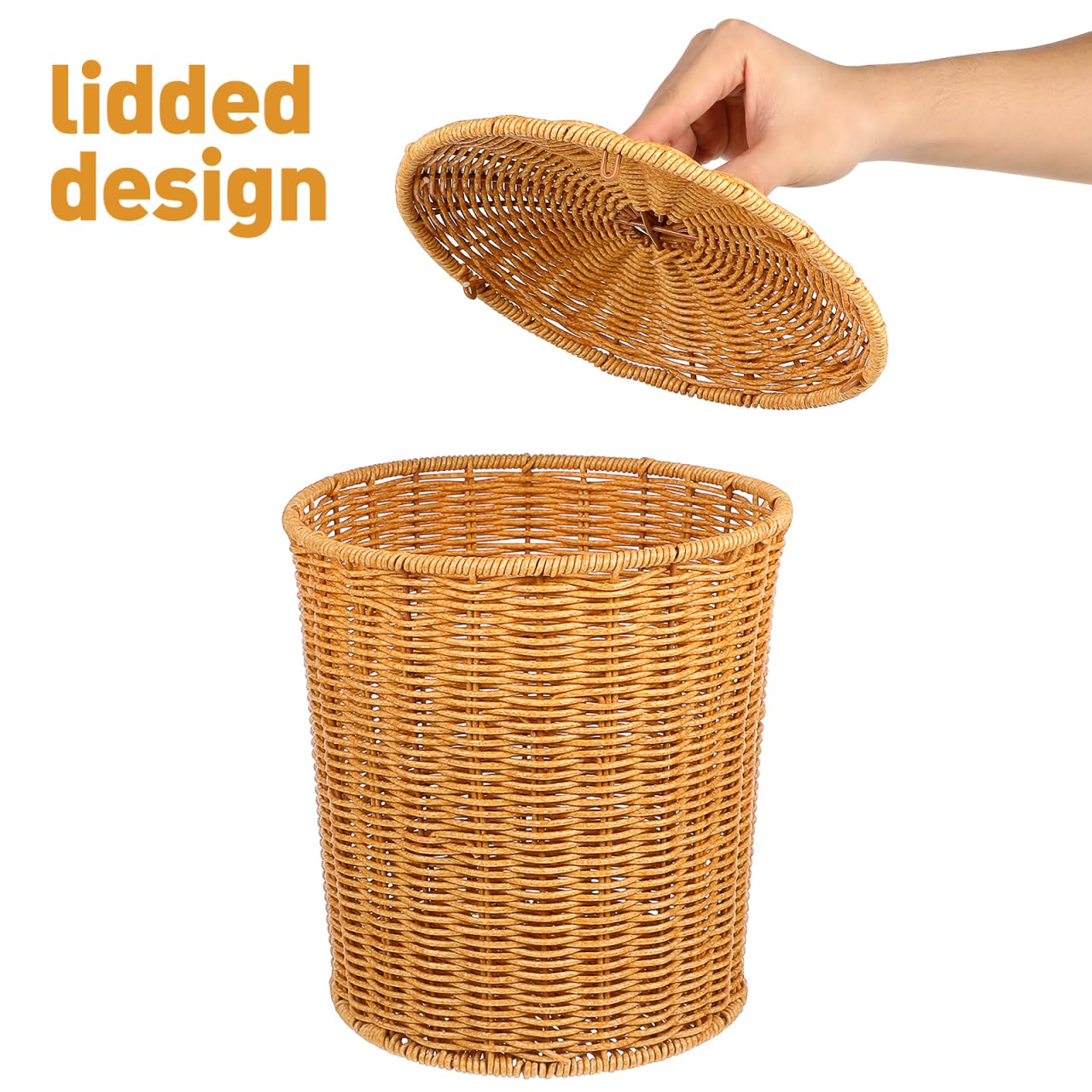 TOYANDONA Wicker Trash can Rattan Round Waste Basket with Lid Wicker Wastebasket Woven Storage Basket Clothes Container for Bathroom, Kitchen