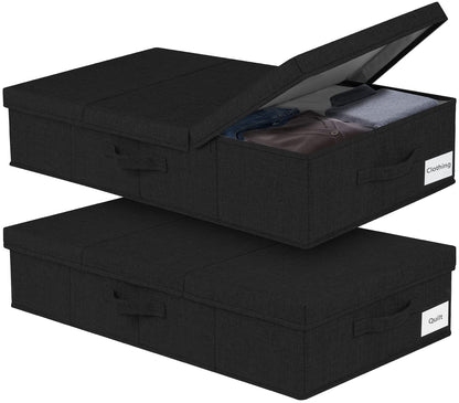JUPELI Under Bed Storage Box with Lid, 2 Pack Large Underbed Storage Boxes, Foldable Black Under Bed Clothes Storage Box W/Handle, Under Bed Storage