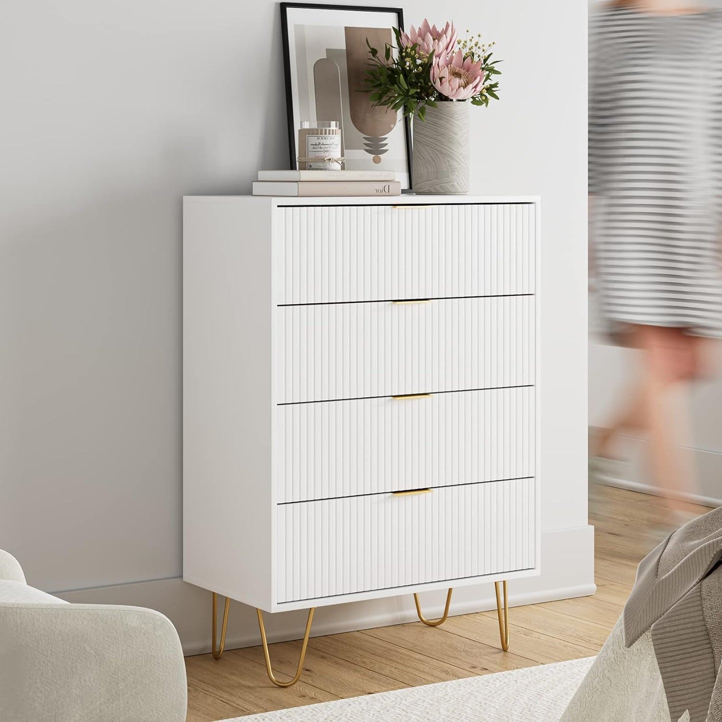 HEYZOEY White Chest of 4 Drawers for Bedroom, 60x34x91cm, Wood Storage Dresser Bedroom Furniture Cabinet for Living Room,Office,Lounge,White