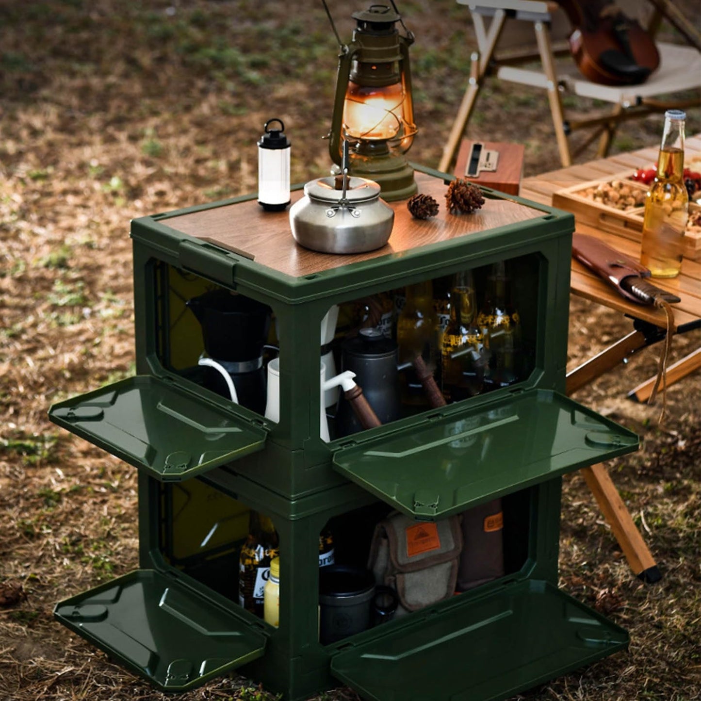 Jelquix Folding Camping Storage Box with Wooden Lid Strong Load Bearing for Car Camping Picnic