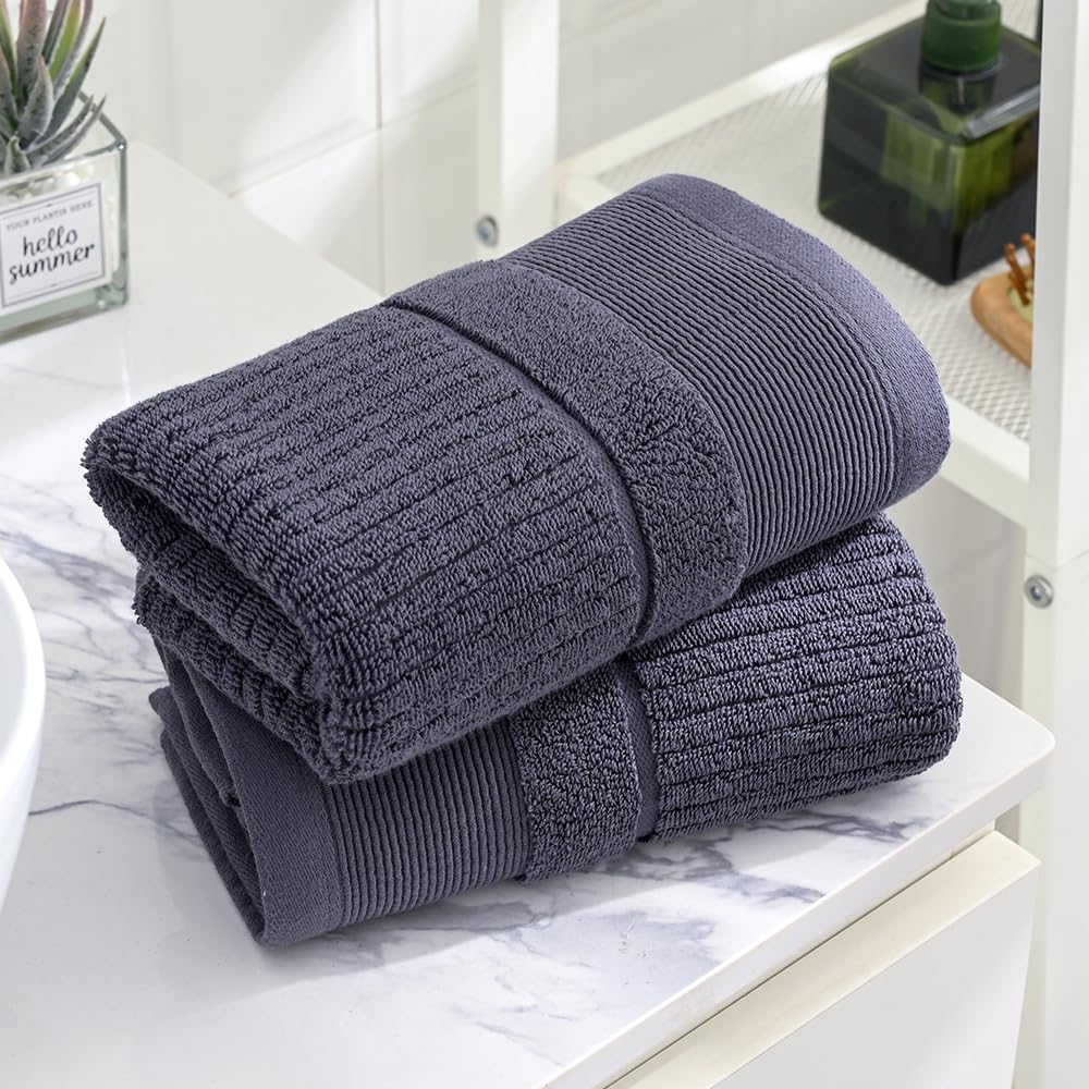 sense gnosis Super Soft Grey Thick Hand Towel Ribbed Striped Pattern 100% Cotton Absorbent Decorative Towel for Bathroom Home 13 x 29 Inch, 2 Pack