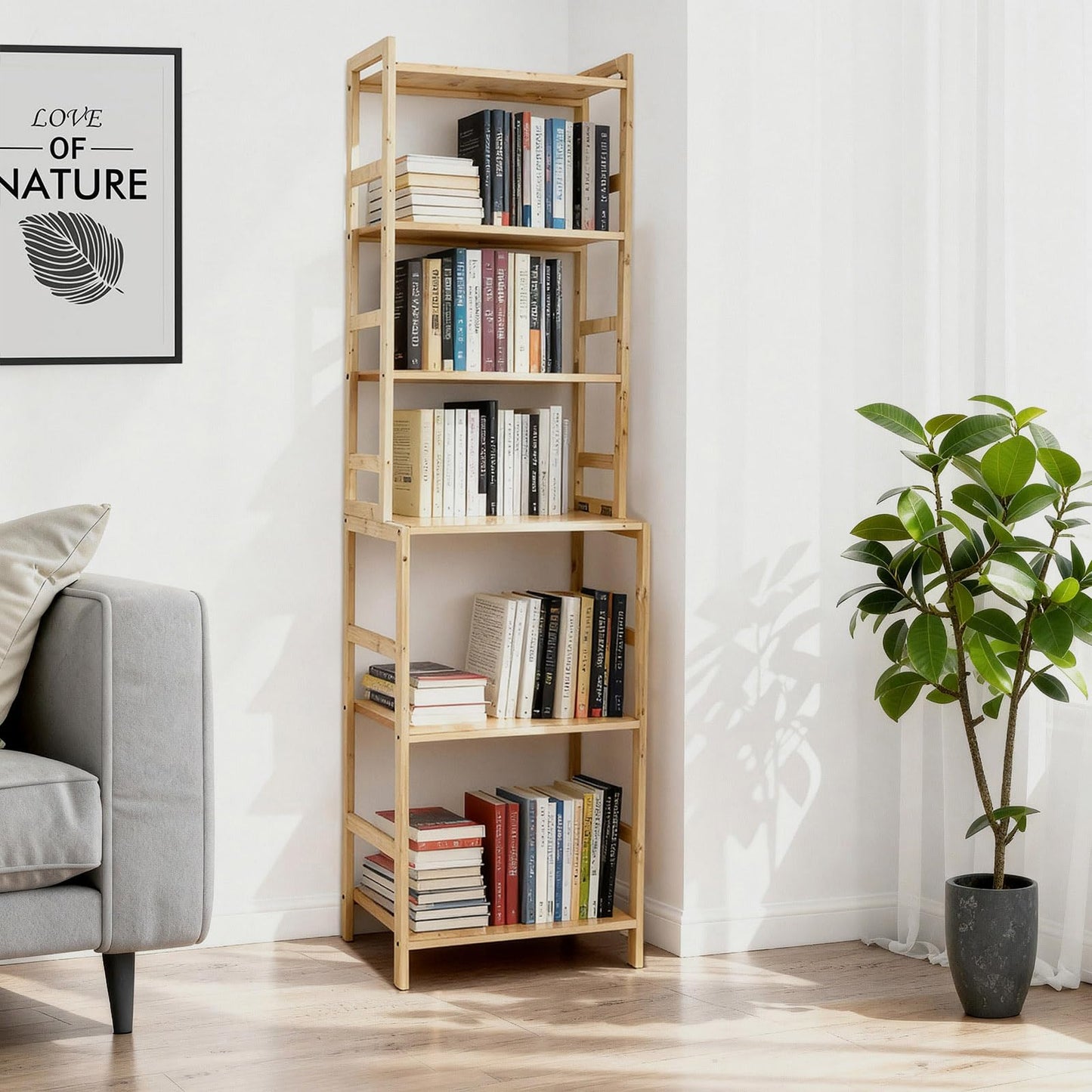 EIUTQRU Bamboo Living Room Bookcases, 6 Tier Standing Ladder Shelf Bookshelf, Multifunctional Narrow Shelving Unit Storage Rack for Garage, kitchen