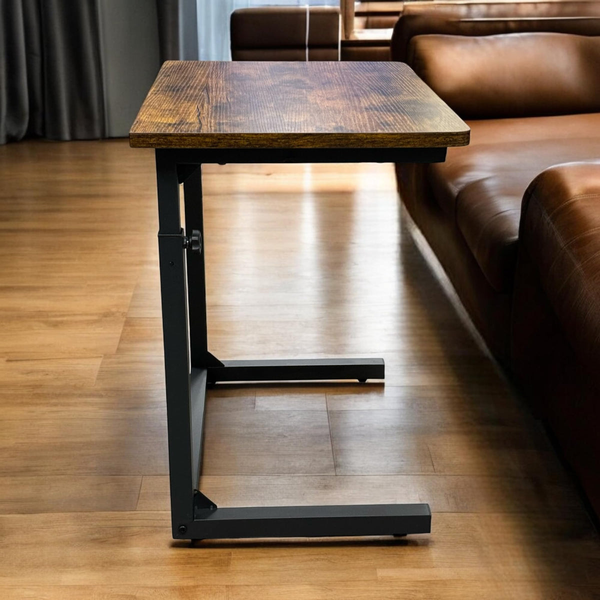 Tinymod C-Shaped Sofa Side Table for Couch & Bed, Height Adjustable Laptop Table, Rustic Brown