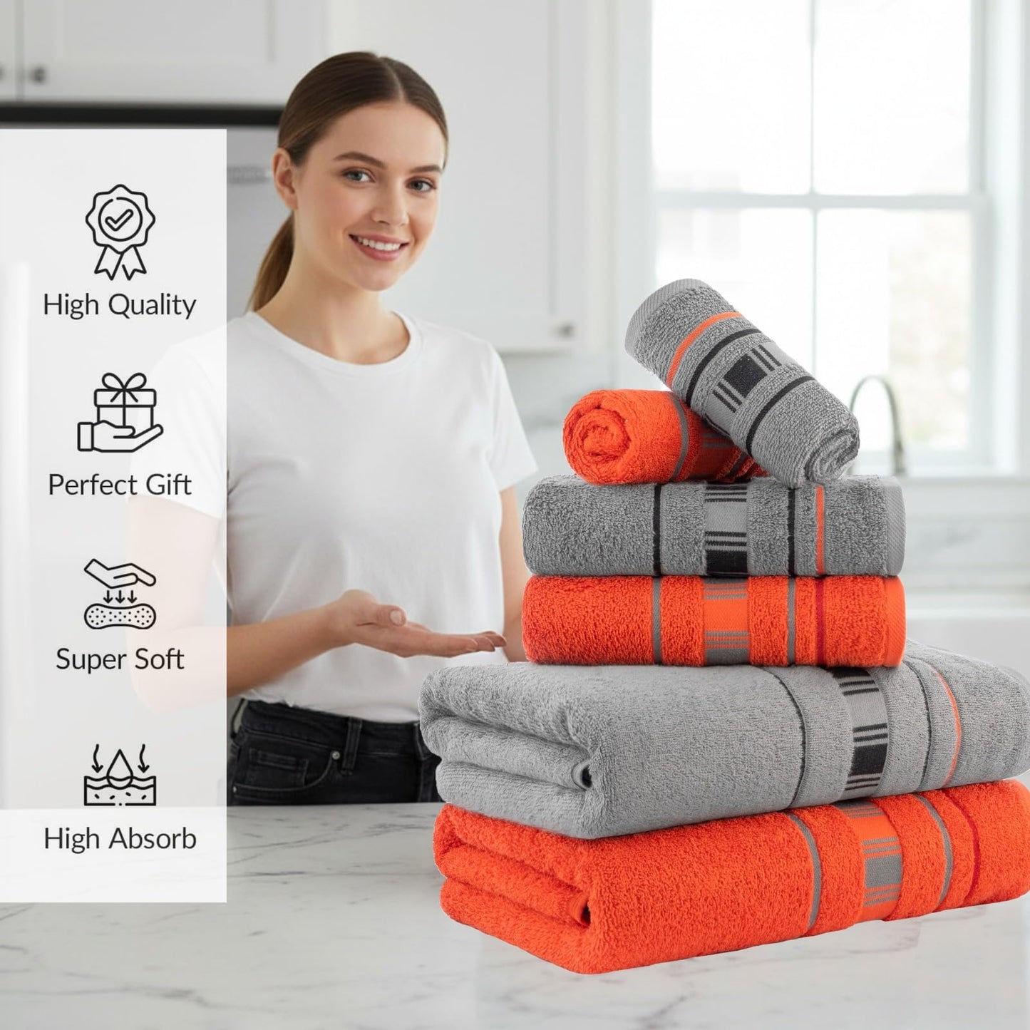 CASA COPENHAGEN X Lines towel set made from 600 g/m² Egyptian cotton for hotel, spa, kitchen and bathroom, 6-piece set with 2 bath towels