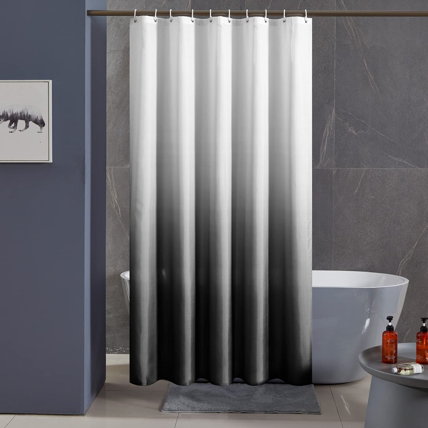 Furlinic Shower Curtain Mould Proof Polyester Fabric Wetroom Bath Curtains Waterproof Machine Washable with 12 Hooks for Bathroom White to Black 72x72