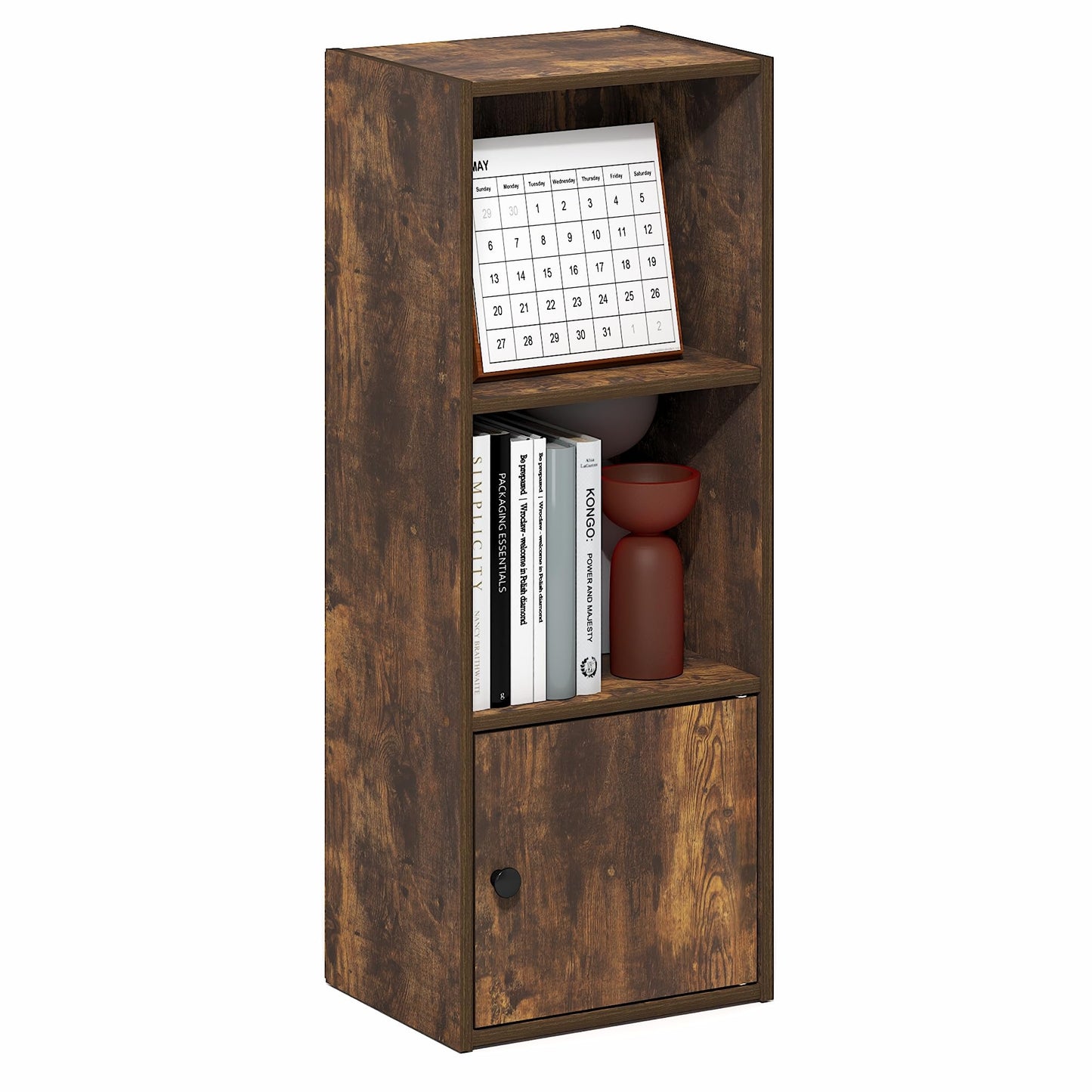 Furinno LUDER 3-Tier Bookshelf with Open Shelf, Standing Bookcase with 1 Door Cabinet, 23.6 x 30.5 x 80.0 cm, for Organization and Storage