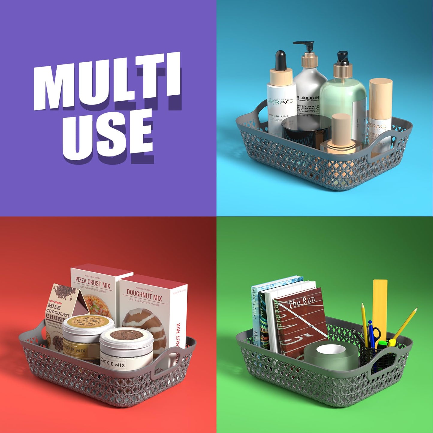Lesbye Set of 6 Plastic Storage Basket Trays, Grey Plastic Baskets Tray