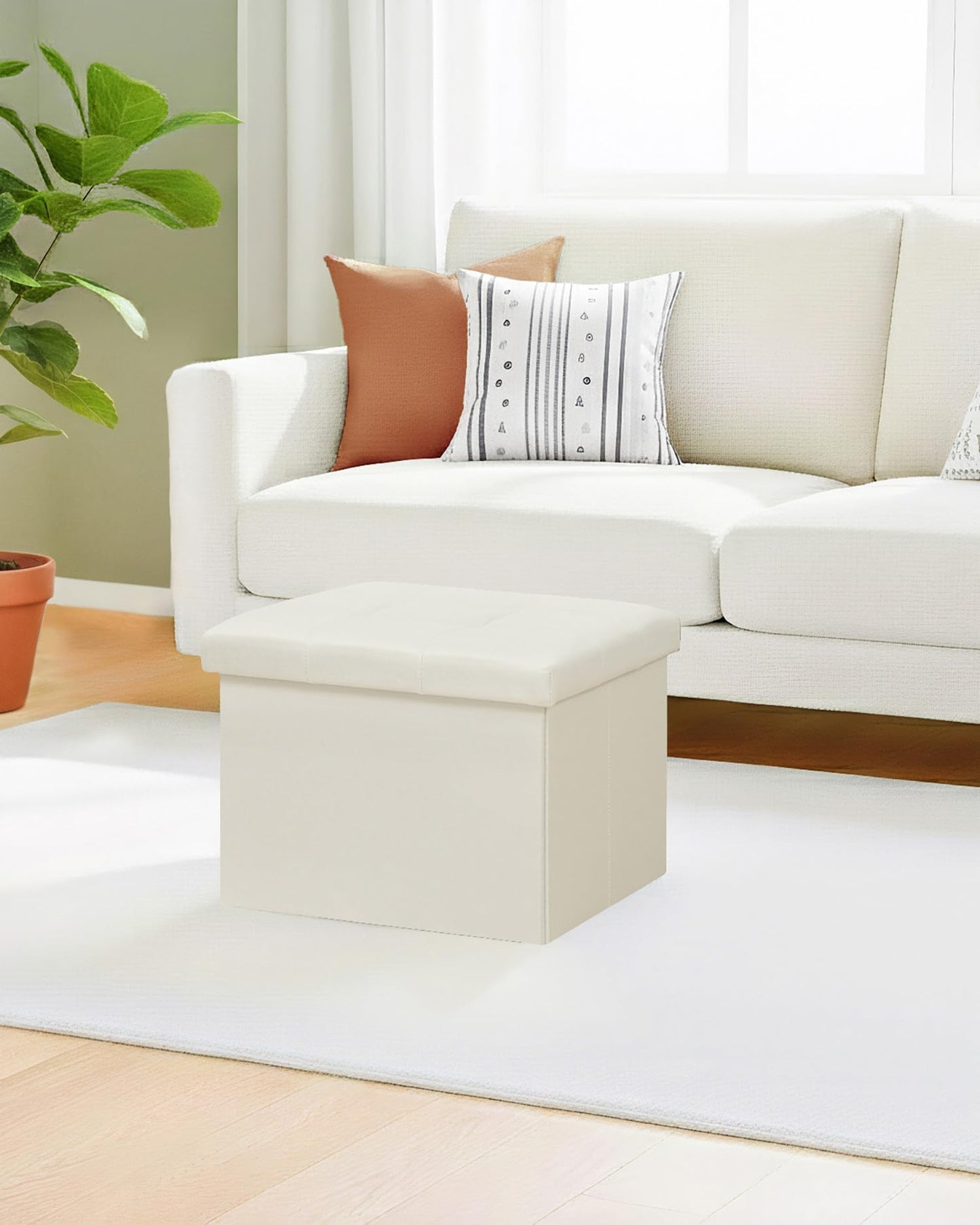 Bonlife Storage Ottoman, Folding Small Foot Rest,Toy Chest Storage Footrest Seat, Footstool for Living Room, Bedroom, Dorm, Fabric,Cream,42x32x32cm