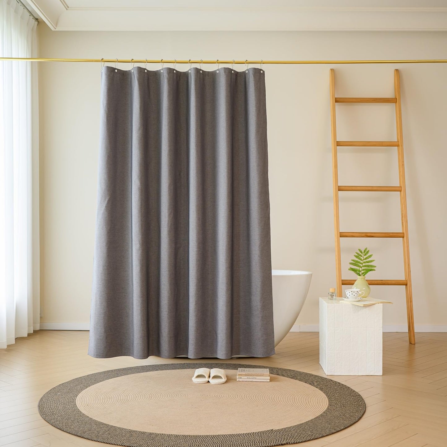 Yofori Grey Shower Curtain for Bathroom, Fabric Shower Curtains Faux Linen Polyester Wet Room Shower Curtains Sets with Metal Hooks, 183x183cm