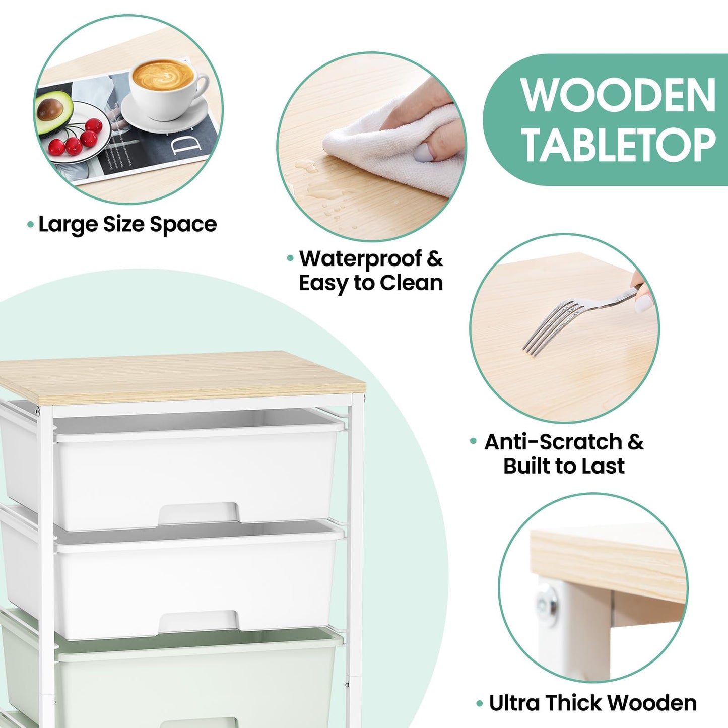 Rolling Storage Cart with 6 Drawers and Wooden Tabletop, Lockable Wheels Utility Cart for Art Studios, Office Supplies & Craft Room Organization
