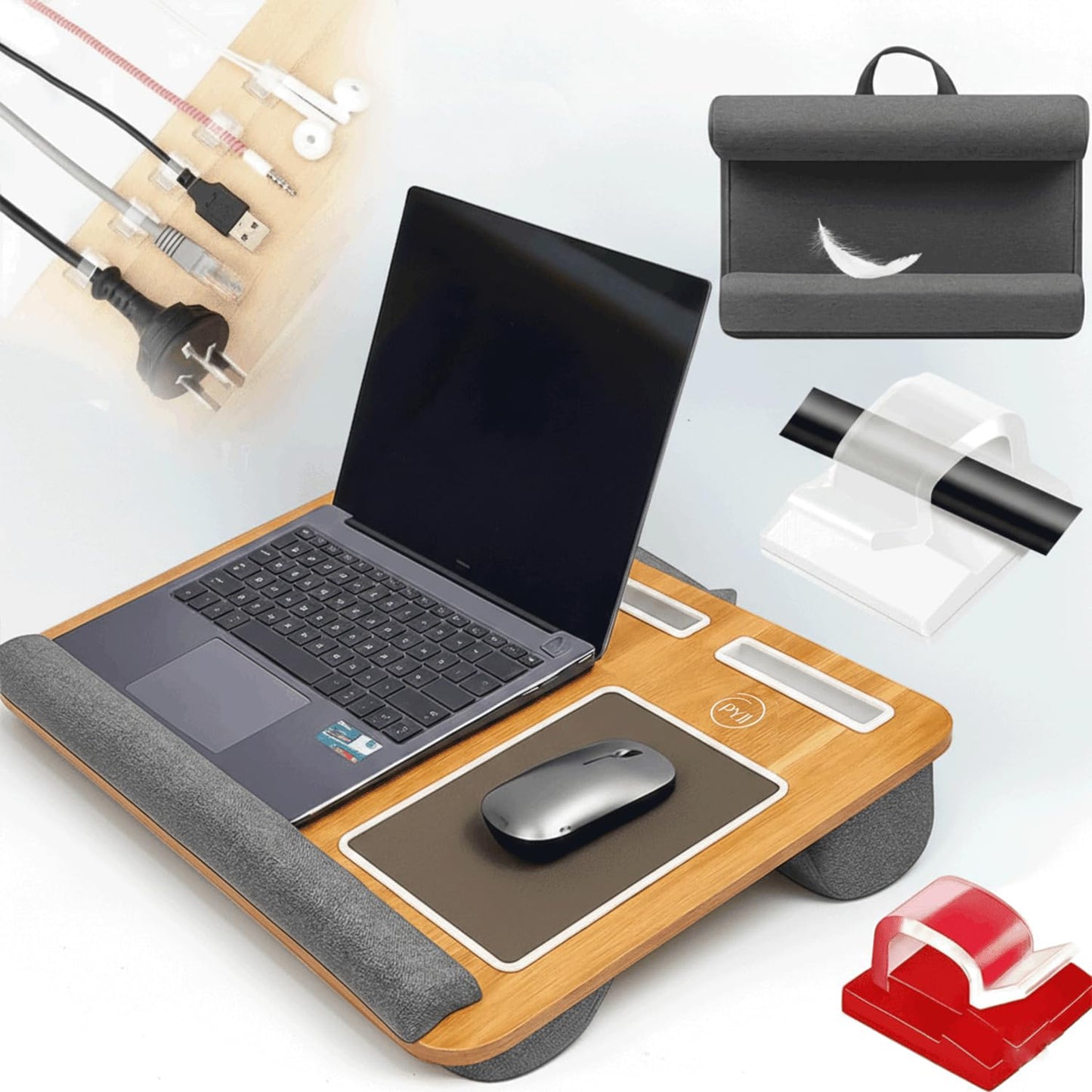 PYJI Lap Desk Wooden Laptop Tray with 5 Cable Holders, Portable Laptop Stand for Bed with Cushion, Lightweight Laptops desk for Sofa & Bed