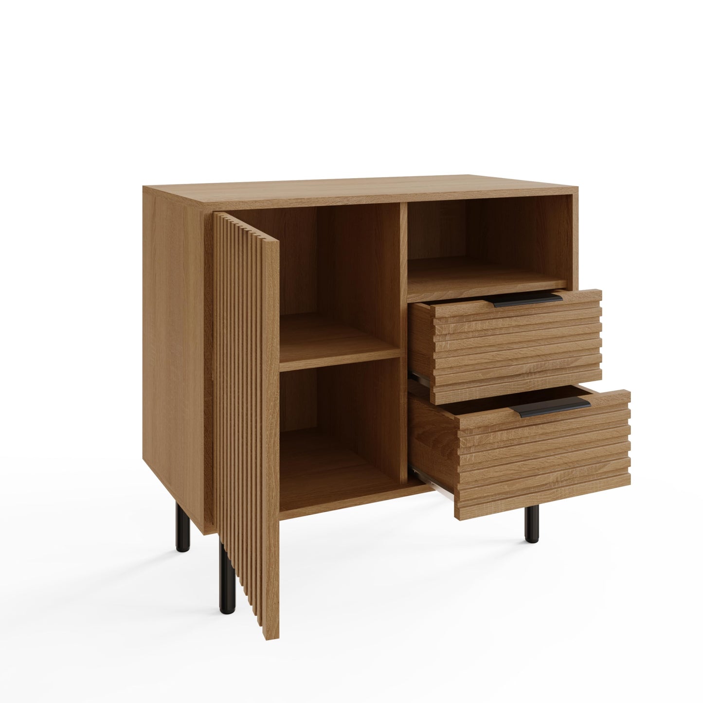 GFW Nervata Compact Sideboard with Drawers & Open Shelving, Modern Ribbed Storage Cabinet for Living Room or Hallway