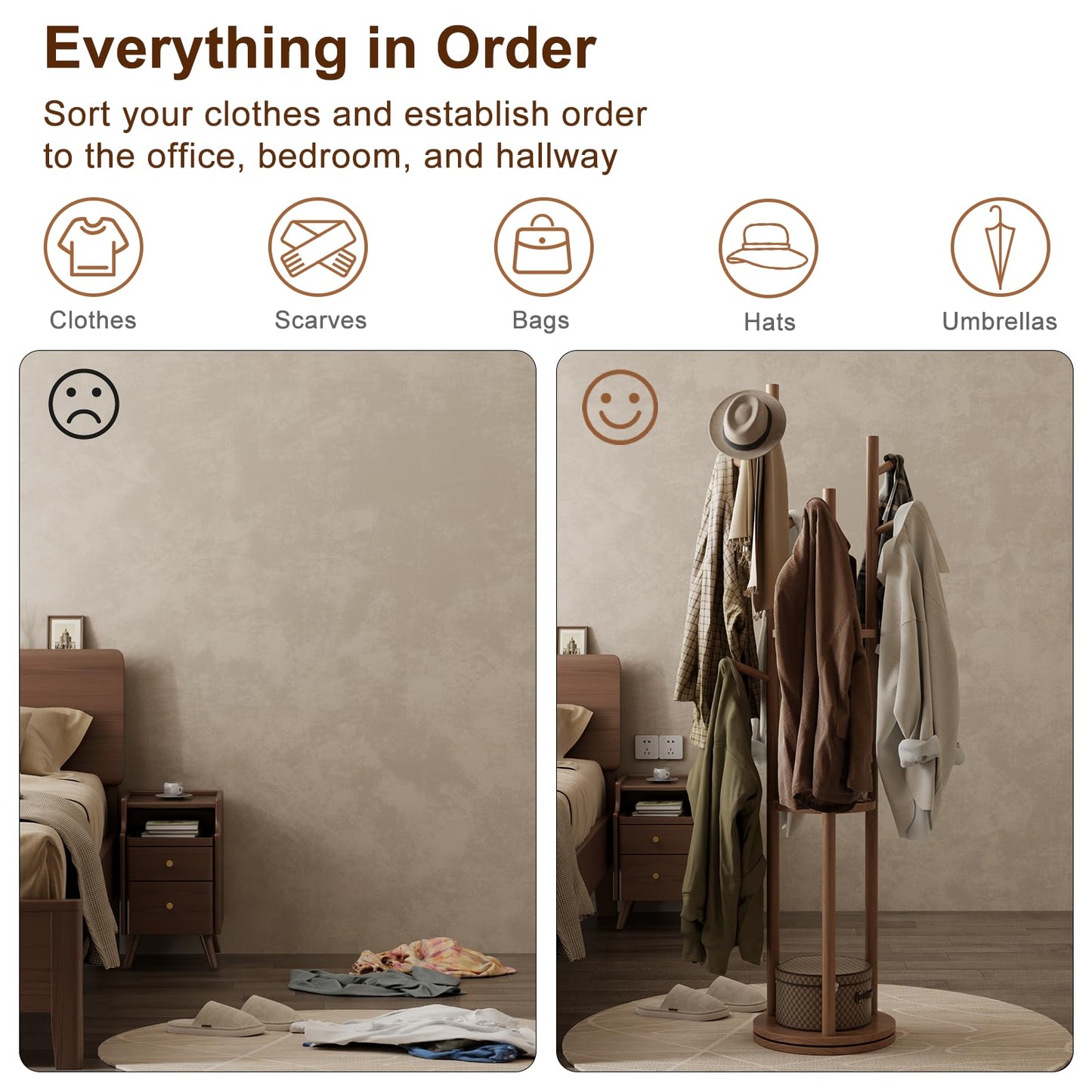 AQIMUELE Coat Stand, Wooden Coat Rack Stand with 3 Storage Shelves and 9 Hooks, Freestanding - Rotatable Coat Hanger Stand
