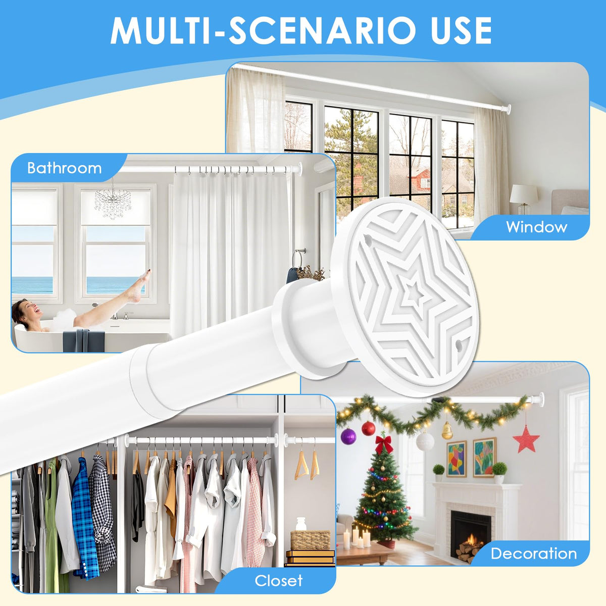 White Shower Curtain Pole 78-313 cm, Extendable Tension Rod 28mm
