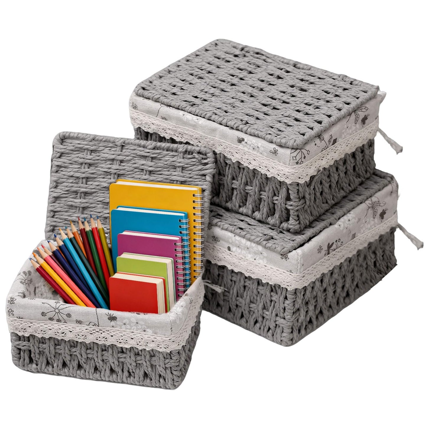 KiKiHong 3 Pcs Set Grey Storage Basket With Lid Boho Handwoven Basket