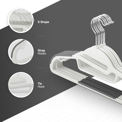 KEPLIN 20-Pack Non-Slip Hangers – Durable, Slimline Design for Space Saving with 360° Swivel, Tie Organiser, Strap Hooks, and S-Shape Opening White
