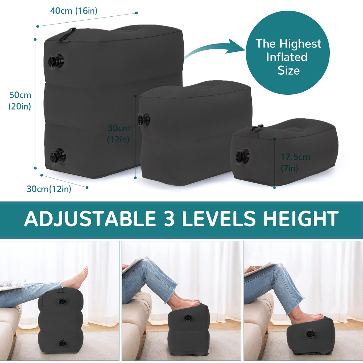 RISEPRO Inflatable Travel Foot Rest Pillow, Adjustable 3 Layers Height Leg Rest Pillow, Kids Airplane Bed, Adults Travel Essentials on Plane, Trains