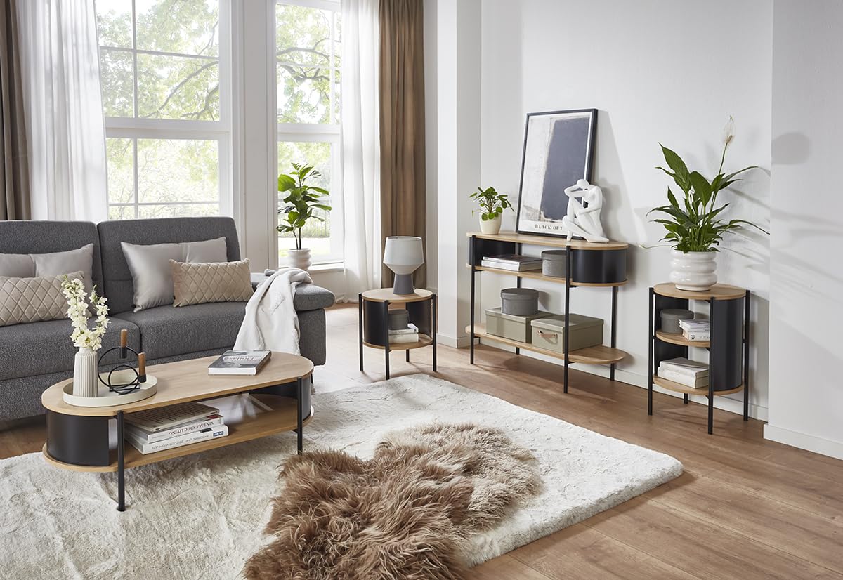 HAKU Side Table Round Side Table Natural Oak Black MDF Top Metal Frame Round Coffee Table - Dimensions: H 44 x Ø 44 cm Style: Modern