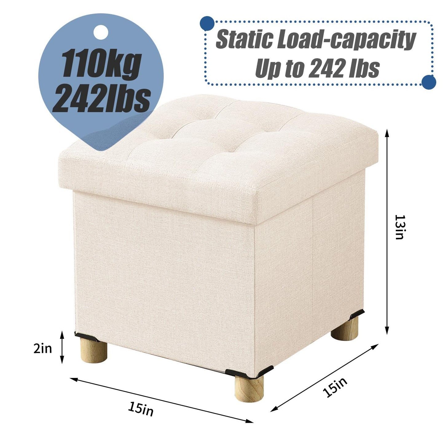BRIAN & DANY Folding Storage Ottoman with Wood Legs, Linen Foot Stool, Storage Chest with Highly Elastic Sponge Filling, Beige, 38 x 38 x 38 cm