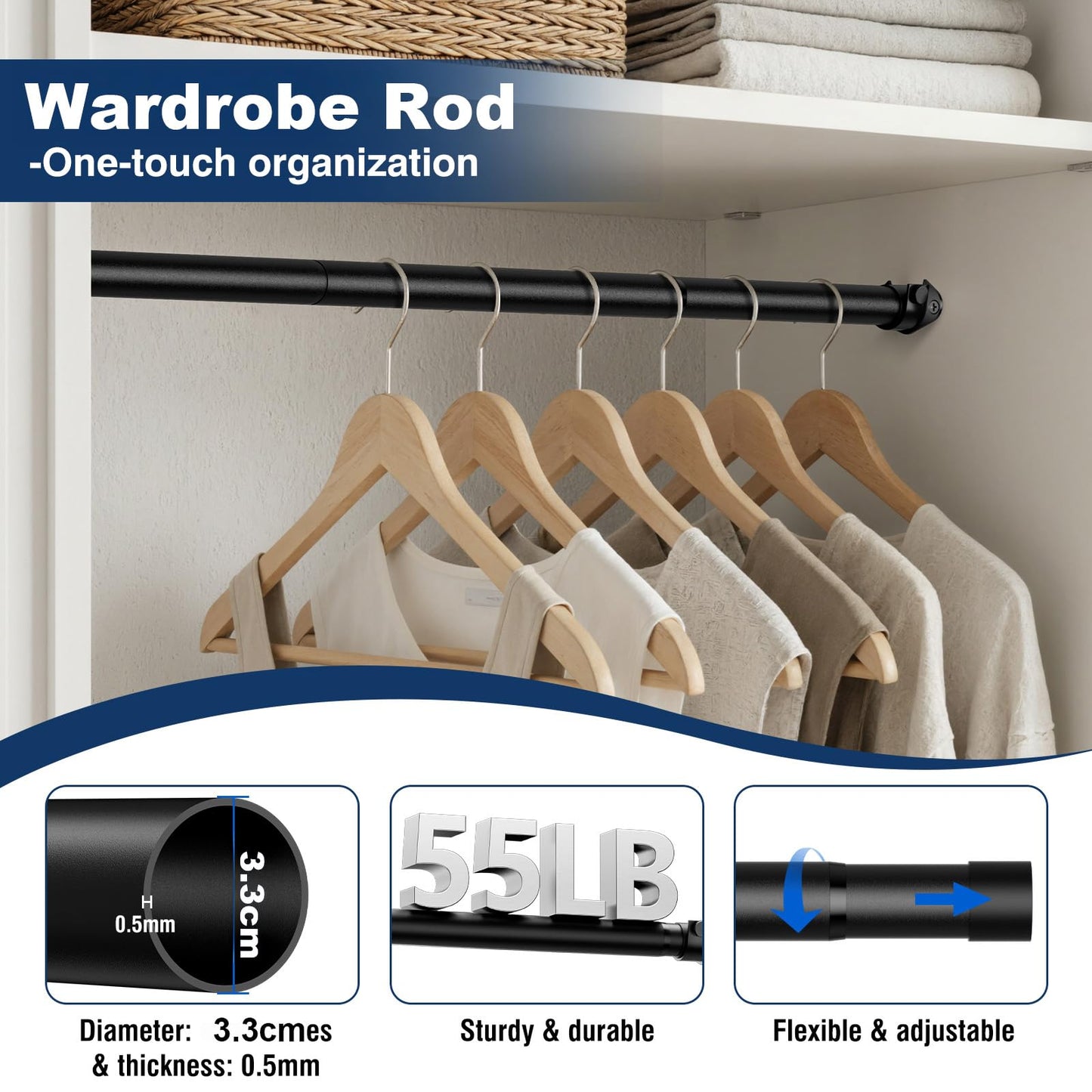 Zipglo Wardrobe Rod 40-130cm, Heavy Duty Wardrobe Rails and Fittings, Extendable Clothes Rail Pole Adjustable Hanging Rails for Wardrobe & Storage