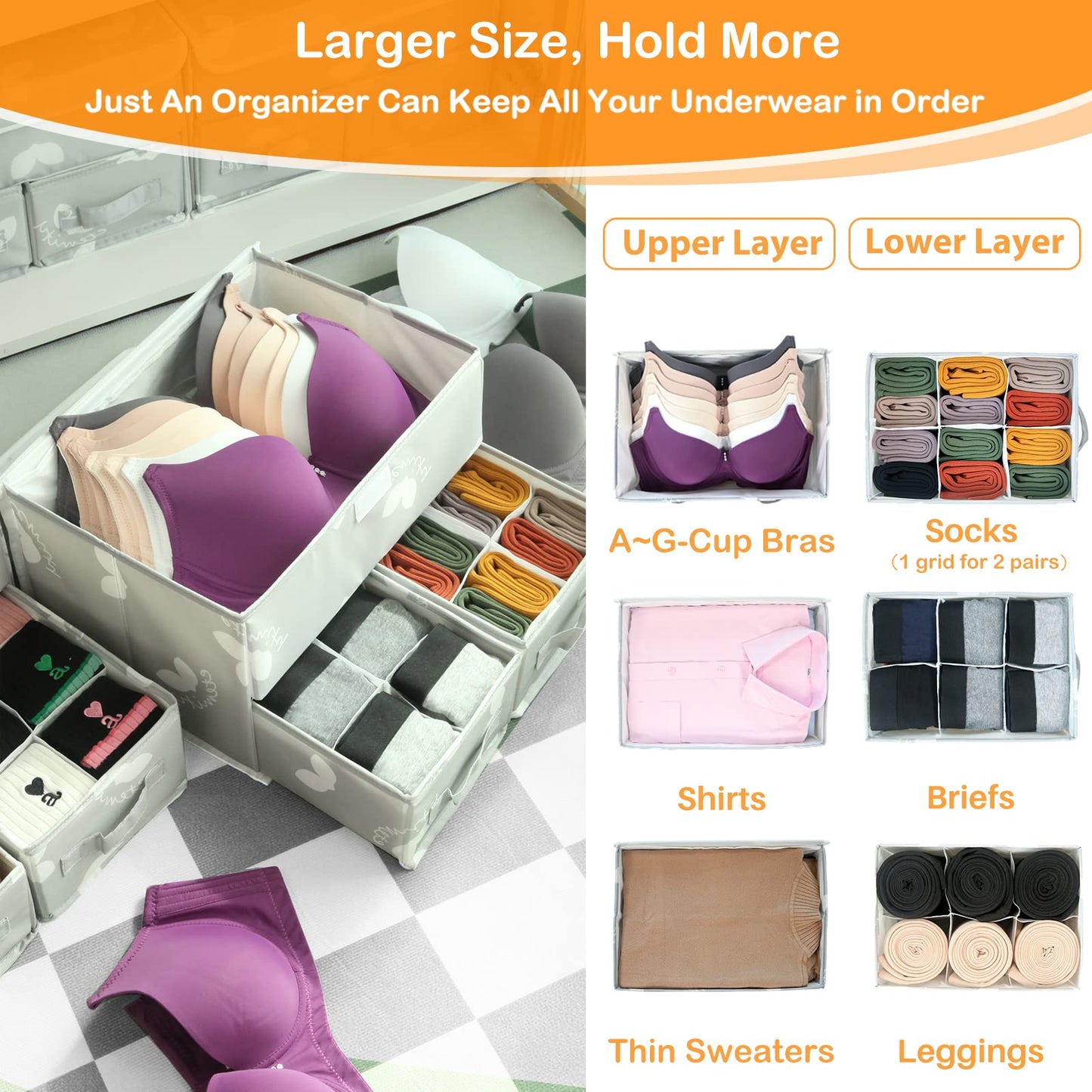 EASEVE Sock Underwear Drawer Organiser with Lid - Wardrobe Clothes Storage Boxes with Dividers, Foldable Fabric Closet Organizer for Bra, Sock, Shirt