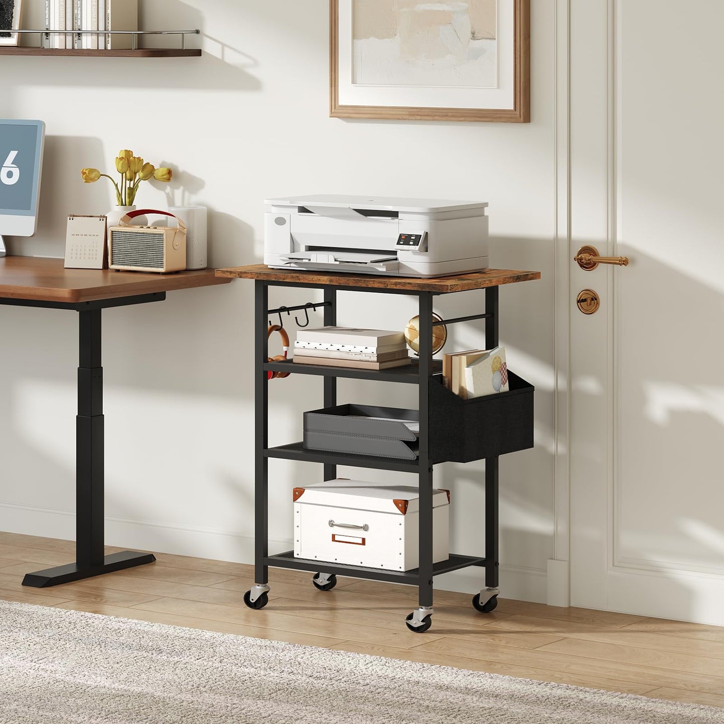 MAHANCRIS 4-Tier Printer Stand, Rolling Printer Table on Wheels, Industrial Storage Stand with Side Pocket, Wooden Tabletop