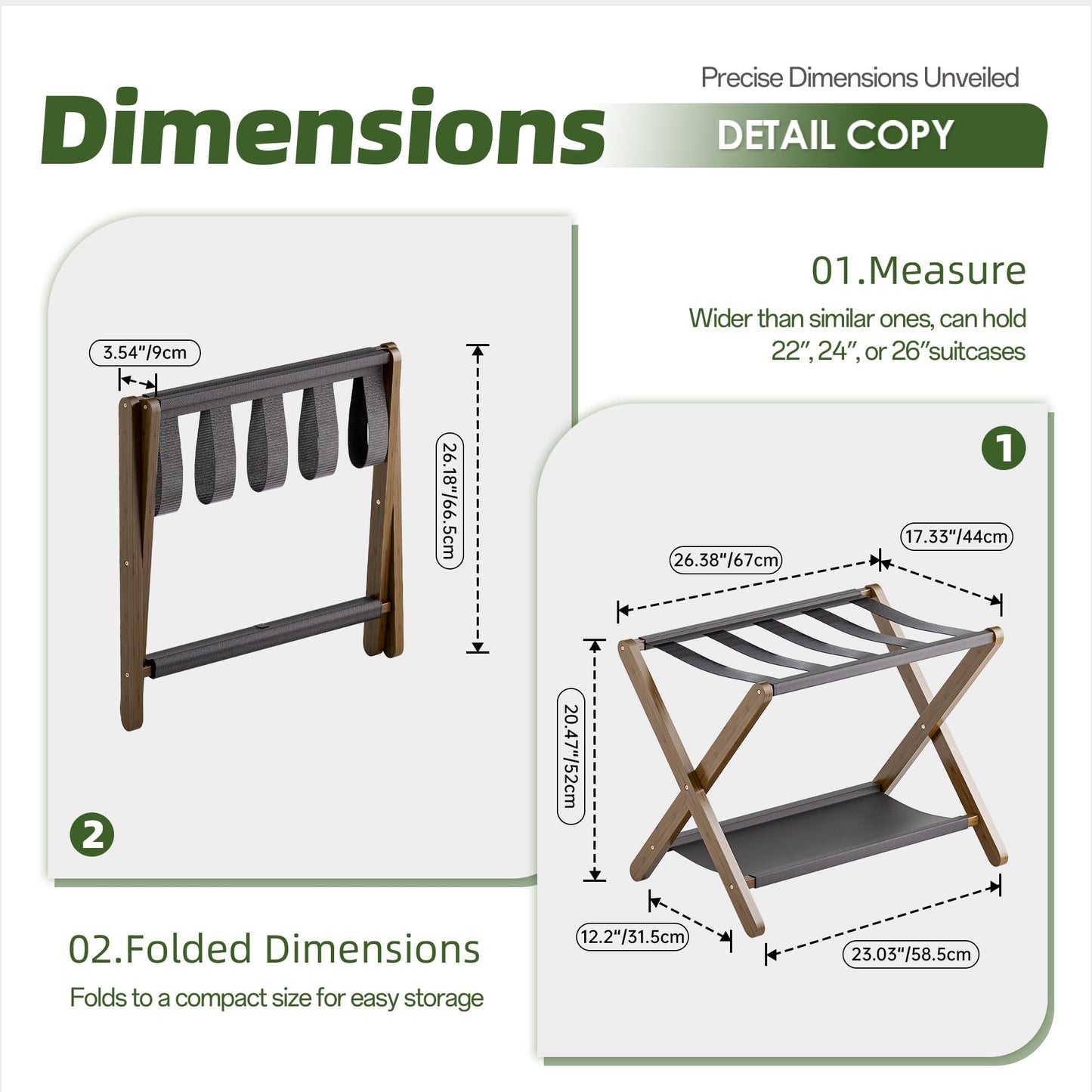vovala Luggage Rack, Set of 2, Folding Suitcase Stand with Storage Shelf, Premium Bamboo Luggage Holder for Guest Room, Bedroom, Hotel, Closet