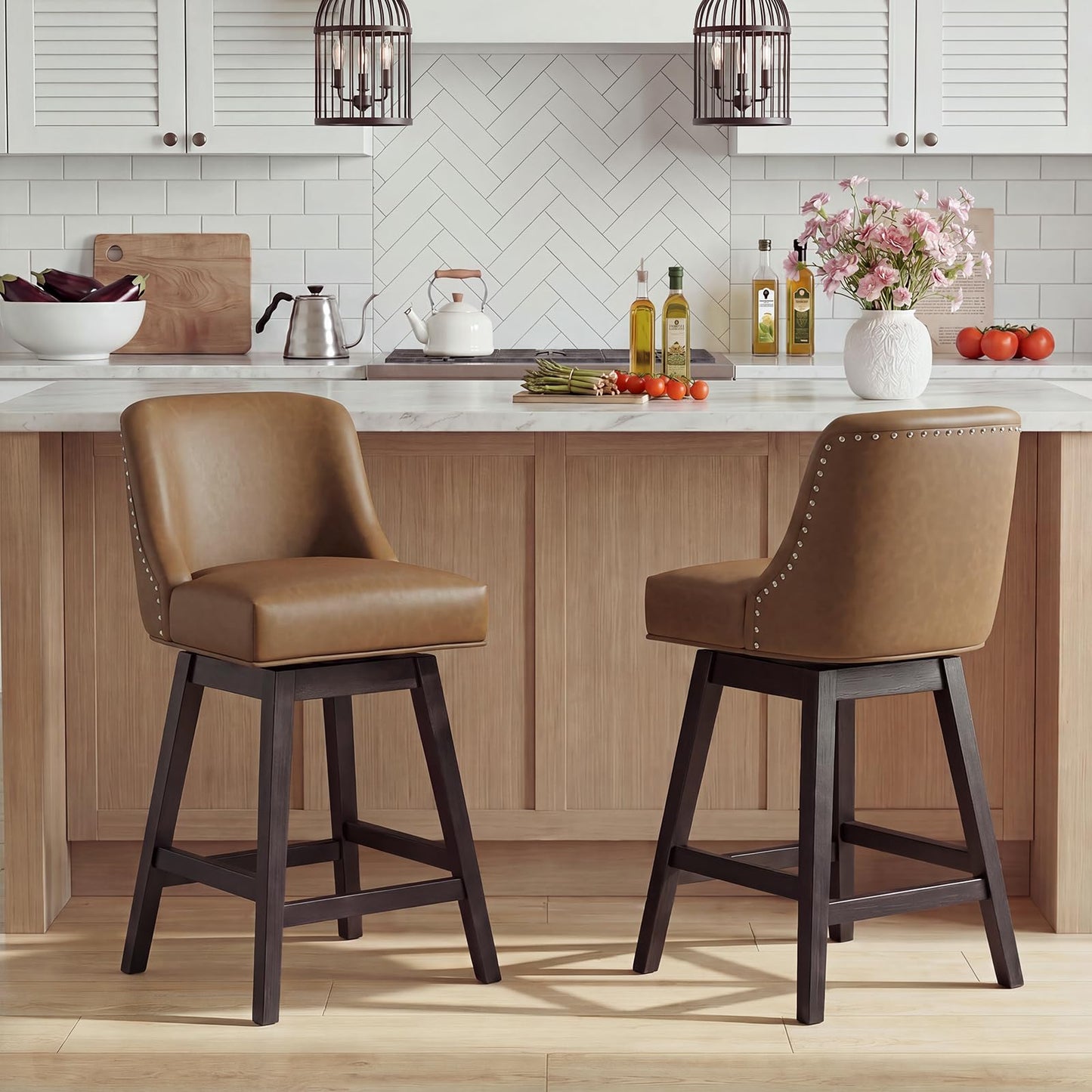 Bar Stools Set of 2, 360° Swivel Upholstered Counter Stools with Back, Wooden Frame Kitchen Bar Chairs with Nailhead Trim