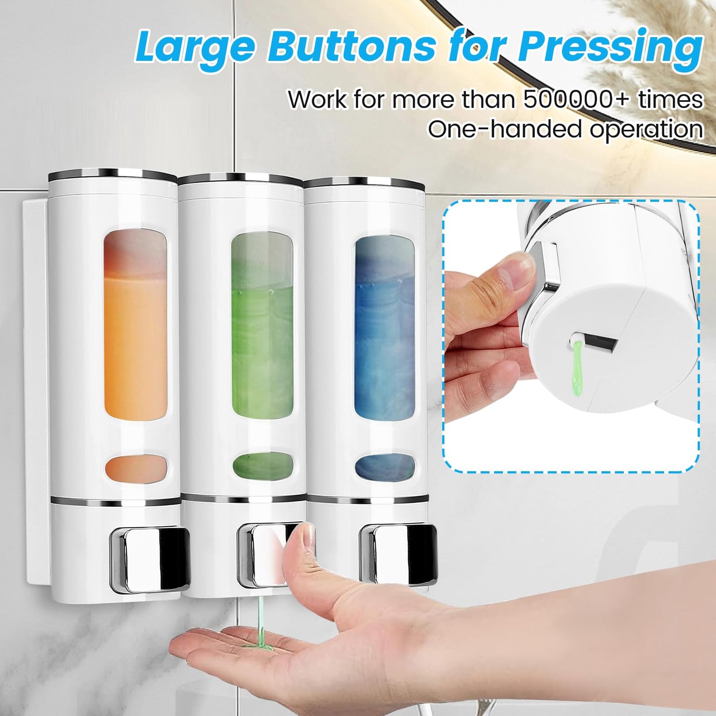 White Soap Dispenser Wall-Mounted, No-Drill Installation for Shower Gel, Shampoo, Conditioner & Dish Detergent