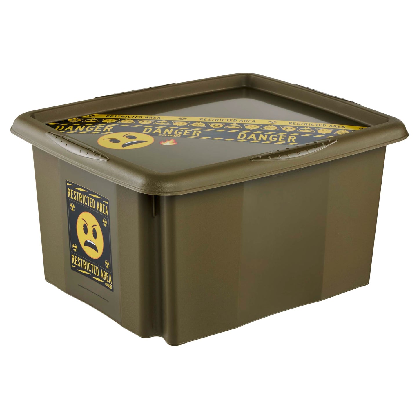 keeeper karolina storage box with lid, 24 l, rotatable and stackable, Emoji Danger design, For children, olive green (Olive)