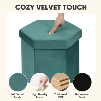 PINPLUS Hexagonal Storage Ottoman, Velvet Foldable Footstool, Teal