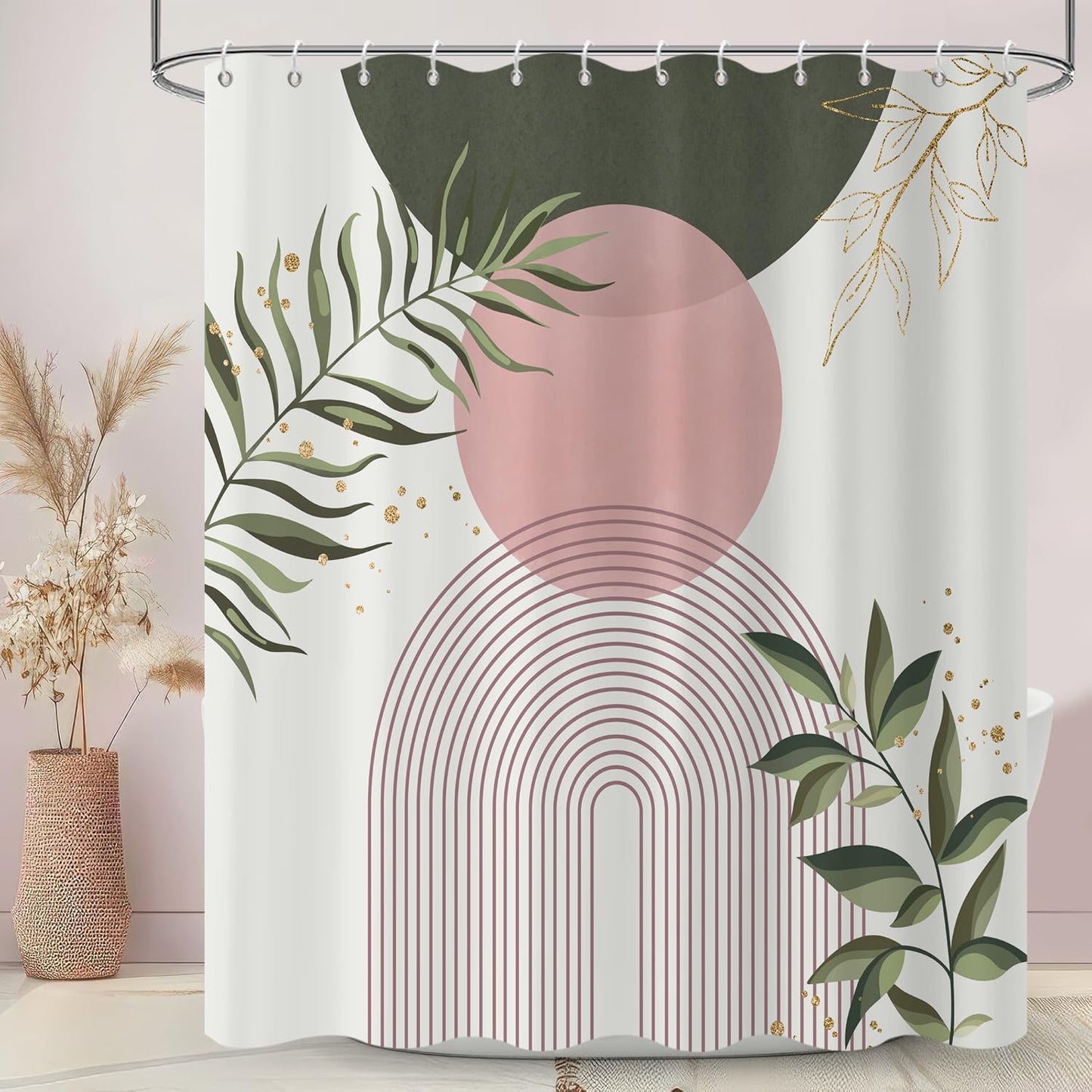 GCIREC Shower Curtain, 180x200cm, Sage Green Pink Boho Mid Century Modern Abstract with Minimalist Leaf Waterproof Fabric Machine Washable Bathroom