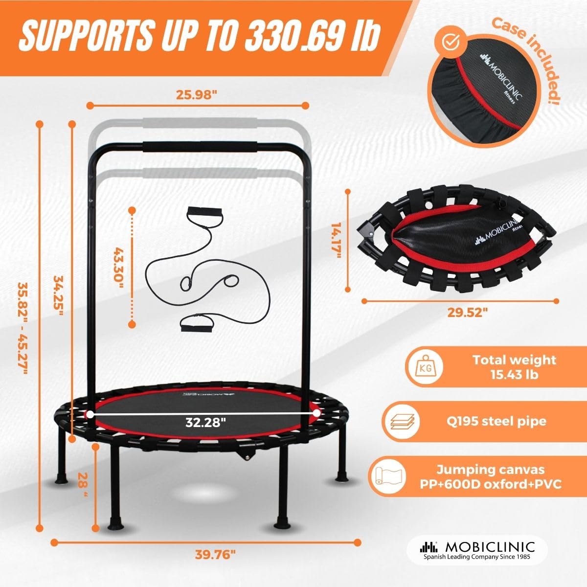 Mobiclinic?, Foldable Fitness Trampoline, 3,3 FT / 40 Inch, Indoor and Outdoor, Rebounder, Easy Assembly, 2 Resistance Bands, Mini Trampoline,